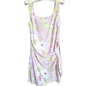 Express Dress Floral Linen Blend Pink Green Mini Wrap Y2K Garden Summer Sz. M